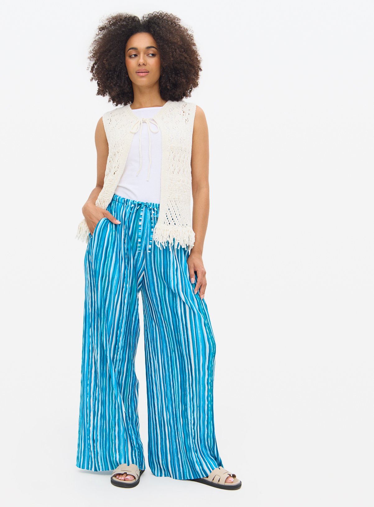 Blue Striped Plisse Ultra Wide Leg Trousers  24 - Image 2 thumbnail